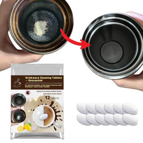 Coffee Tumbler Cleaner & Tea Stain Remover - Cleaning Tablets for Stainless Steel Thermos, Travel Mugs, Water Bottles & Glass - Deep Clean (12 Count)