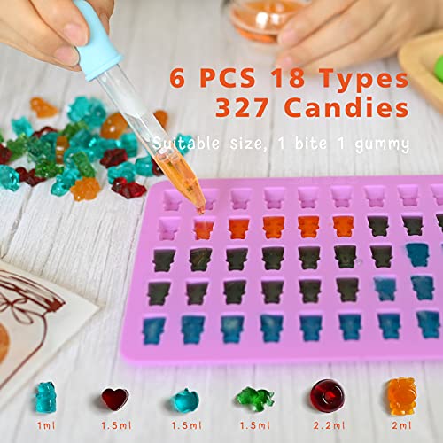 Gummy Bear Molds Silicone 32PCS, Non-stick Chocolate Candy Mold 18 Shapes for 327 Candies, With 4 Droppers, Clean Brush, Storage Box, 20 Wrappers, Including Dinosaur Mini Donut Fruit Animals Shaped - style: Gummy Set - 32PCS