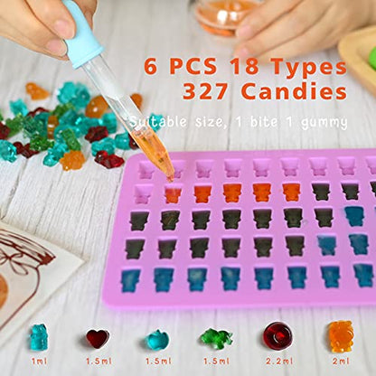 Gummy Bear Molds Silicone 32PCS, Non-stick Chocolate Candy Mold 18 Shapes for 327 Candies, With 4 Droppers, Clean Brush, Storage Box, 20 Wrappers, Including Dinosaur Mini Donut Fruit Animals Shaped - style: Gummy Set - 32PCS