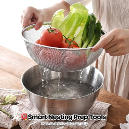 WAGENSTEIGER Stainless Steel Mixing Bowl and 3-Legged Colander Set, Multipurpose Kitchen Basket with Fine Mesh Colander, Salad Mixing Bowl with Strainer, Rinsing Vegetables & Fruits (22cm / 8.66") - size: 8.66 inches