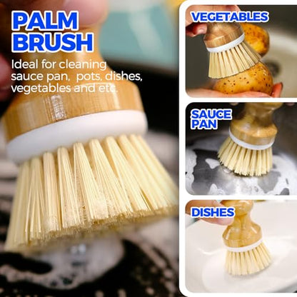 Holikme 6 Pack Dish Brush Kitchen Brushes Set with Vegetable Palm Brush, Bottle Brush, Dish Brush and Straw Brush, Fruit Cleaning Brushes for Cleaning Potato, Amarillo - color: Amarillo