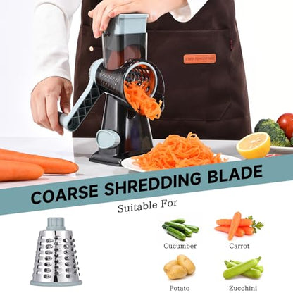 Rotary Cheese Grater with Handle Kitchen Shredder Slicer Grater Slicer Ice Shaver Cheese Vegetable Nuts Potato Zucchini Chocolate 3 Interchangeable Blades (GreyBlue - color: GreyBlue