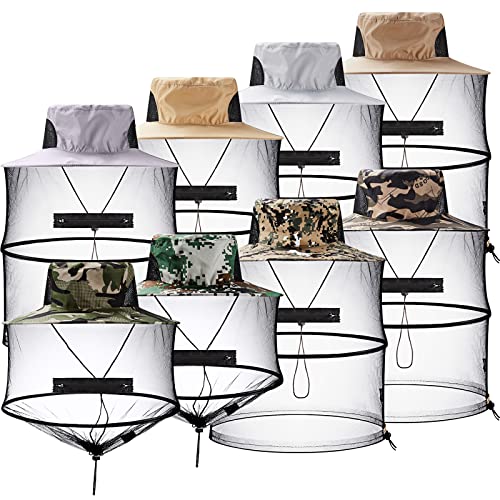 Mepase 8 Pcs Bee Keeper Hats with Netting Mosquito Head Bee Safari Fishing Sun Hat with Hidden Net Mash Mask Gardening for Outdoor Hiking Fishing Gardening Camping Beekeeping Men Women