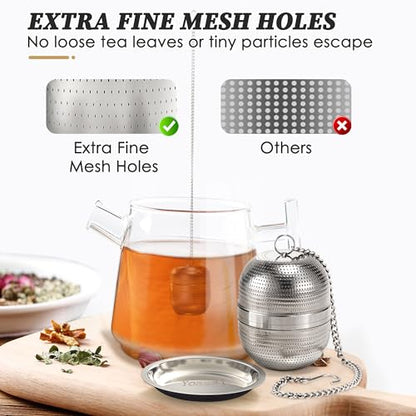 Yoassi 2 Pack Tea Infusers for Loose Tea, Extra Fine Mesh 18/8 Stainless Steel Tea Strainers, Loose Leaf Tea Steeper Tea Ball Tea Diffuser Tea Holder with Extended Chain Hook and Drip Tray - size: Round 2 Pack