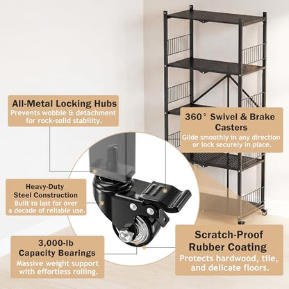 Heavy Duty Folding Shelves No Assembly, 5 Tier Metal Foldable Storage Shelves with Wheels, 220LBS Per Shelf Collapsible Rack for Garage Storage, Black - color: Black/5-tier