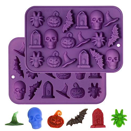 Webake Halloween Candy Chocolate Molds 3D, 18-Cavity Halloween Silicone Molds Shaped with Skull Pumpkin Witch Hat Bat Spider Tombstone for Baking Chocolate Jelly Gummy Dessert (2 PACK) - style: Halloween