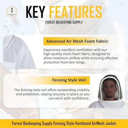 Ventilated Bee Jacket with Fencing Veil Hood - Ultra Light Air Mesh Beekeeper Jacket - size: X-Large