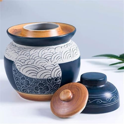 Ceramic Fermentation Jar with Water Seal Lid, Chinese Porcelain Pickle Crock for Vegetables Storage Kitchen Container Home Use(Large) - size: Large
