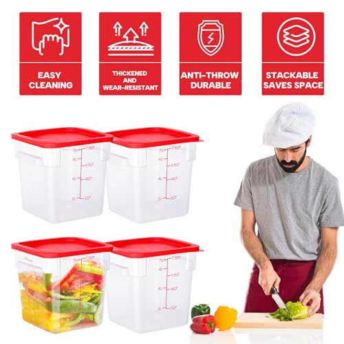 BIEAMA 4 Pack Food Storage Containers, 8 Quart with Lids, Square Commercial Containers with Scale, NSF, Polycarbonate, Clear - color: 8Qt-4 Pack(Red Lids)