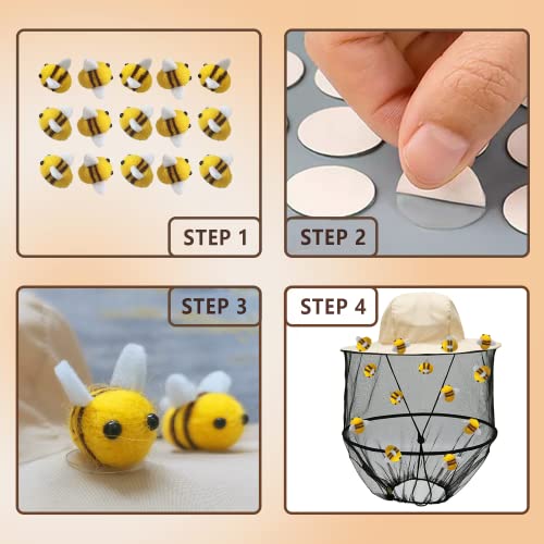 54Pcs Beekeeper hat Set Including 2Pcs Bee Keeper Hats, 12Pcs Wool Felt Bee, Round Double Sided Tape,Bee Keeper Costume Helmet Bug Insect Hats with Netting for Beekeeper Halloween Costume Adult