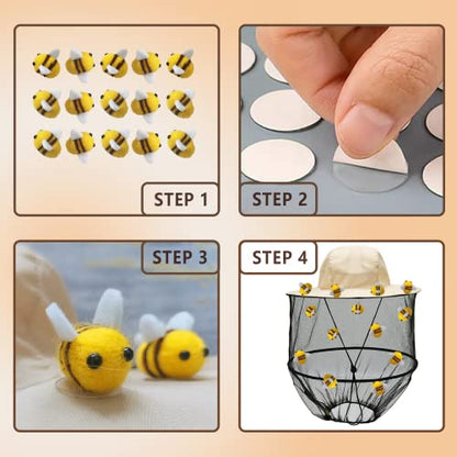 54Pcs Beekeeper hat Set Including 2Pcs Bee Keeper Hats, 12Pcs Wool Felt Bee, Round Double Sided Tape,Bee Keeper Costume Helmet Bug Insect Hats with Netting for Beekeeper Halloween Costume Adult
