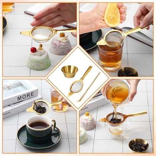 3 Pcs Matcha Strainer Set, 2.2 Inch 30 Mesh Matcha Sieve with Wooden Scoop & Bowl, Stainless Steel Mini Sifter for Loose Tea, Coffee and Cocktail, Gold & Wood Color