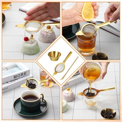 3 Pcs Matcha Strainer Set, 2.2 Inch 30 Mesh Matcha Sieve with Wooden Scoop & Bowl, Stainless Steel Mini Sifter for Loose Tea, Coffee and Cocktail, Gold & Wood Color