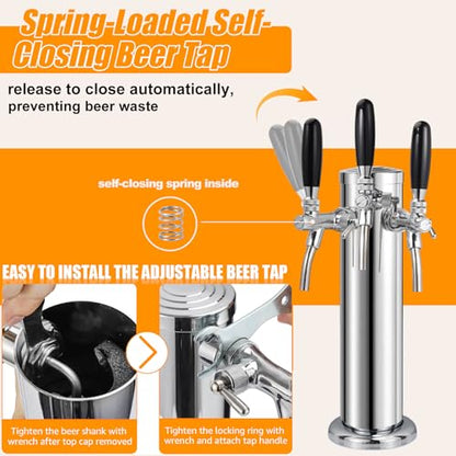 3 Tap Beer Tower Adjustable Flow Control Beer Faucet Three Tap Beer Tower Stainless 3” Triple Tap Beer Tower Dispenser Kegerator Tower Kit with Pre-Assembled Tubing and Self-Closing Springs