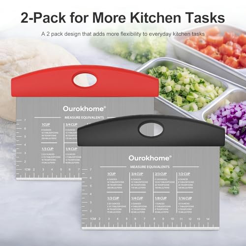 Ourokhome 2 Pack Bench Scraper Dough Cutter, Stainless Steel Dough Scraper with Laser-Etched Scale, Conversion Chart, Non-Slip Handle, Dishwasher Safe for Bread & Pastry, Black and Red - color: Red and black