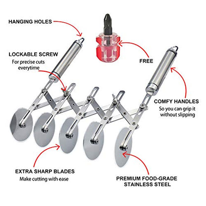 Juome 5 Wheel Pastry Cutter Stainless Pizza Slicer Multi-Round Dough Cutter Roller Cookie Pastry Knife Divider with Handle - color: 5 wheel Pastry Cutter