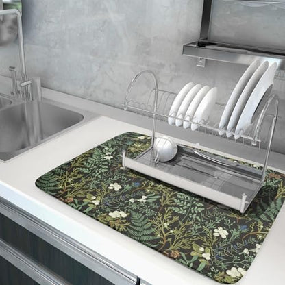 Green Plants Dish Drying Mat for Kitchen Counter Microfiber Absorbent Dish Draining Reusable Washable Foldable Extra Large 18"x24" - size: 24" x 18"