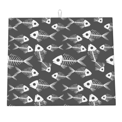 Nautical Fish Skeleton Silhouettes Dish Drying Mats for Kitchen Counter, Super Absorbent Microfiber Drainer Pad, Washable Reversible Appliance Protector, Everyday Kitchen Must-Have, 16x18 Inch - color: Nautical Fish Skeleton Silhouettes