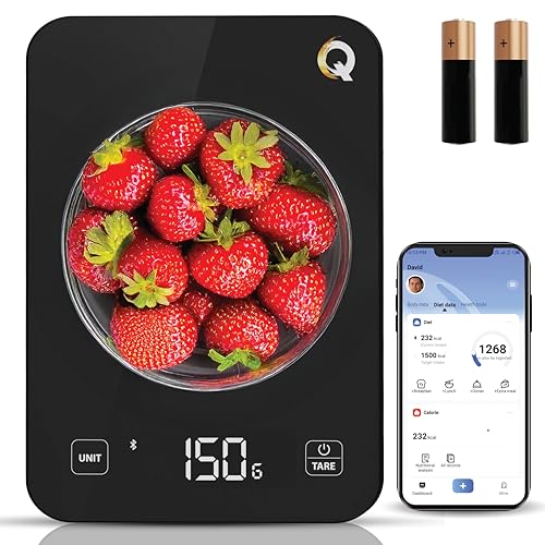 Qahar Food Scale with Nutritional Calculator, Waterproof LED Display Digital Kitchen Scale for Weight Loss Cooking Baking Keto Macro Diet, Calorie Counting, Black Glass, 22lb/10kg - color: Black