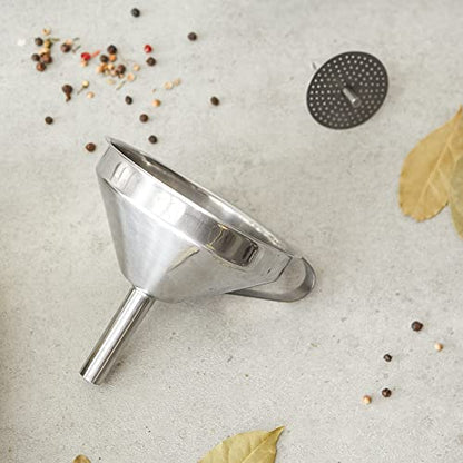 RSVP International Endurance Kitchen & Canning Large 18/8 Stainless Steel Funnel with Removable Straining Filter, Designed for Narrow or Wide Mouth Jars & Bottles, Dishwasher Safe, 5" Diameter