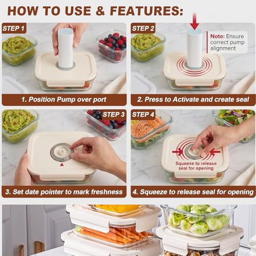 17PCS Vacuum Food Storage Containers Set with Electric Pump, 6 Borosilicate Glass Meal Prep Containers & 10 Reusable Vacuum Sealer Bags, BPA-Free for Meal Prep, Marinating & Sous Vide