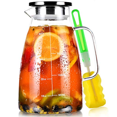 Aofmee 68oz Glass Pitcher with Lid, 2 Liter Glass Water Pitcher with Handle and Lid, Ice Tea Pitcher, Heat Resistant Borosilicate Carafe Jug for Coffee Juice Hot Cold Beverages - color: Clear, Round, size: 68oz/2L