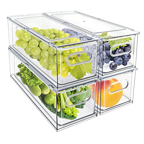 MANO Fridge Drawer Pull Out Stackable Bins with Handle Clear Refrigerator Drawers Organizer Food Storage Container Box Plastic Produce Saver for Pantry, Cabinet, Kitchen, Clothes（4Pack） - style: 4L