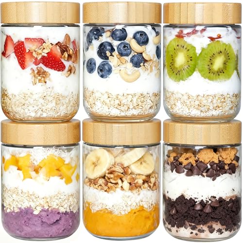Vtopmart 6 Pack 16oz Glass Overnight Oats Containers with Bamboo Lids, Portable Wide Mouth Glass Jars Leak Proof, Reusable Glass Food Storage Containers for Yogurt Chia Pudding Salad Pickling Snacks