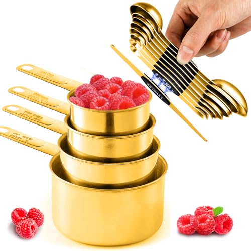 13pcs Gold Stainless Steel Measuring Cups and Spoons Set, 8 Double-Sided Magnetic Measuring Spoons Set & 4 Metal Measuring Cups & 1 Leveler for Kitchen Dry & Liquid Cooking Baking - color: Gold