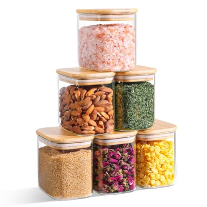 ComSaf 0.7 Qt Rectangle Glass Storage Containers with Lids, Glass Jars with Bamboo Lids, Clear Food Jar, Sugar Coffee Containers, Small Pantry Storage Container for Tea Candy Nuts Spices Oat - size: 0.7 Qt-6Pcs