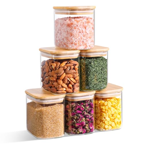ComSaf 0.7 Qt Rectangle Glass Storage Containers with Lids, Glass Jars with Bamboo Lids, Clear Food Jar, Sugar Coffee Containers, Small Pantry Storage Container for Tea Candy Nuts Spices Oat - size: 0.7 Qt-6Pcs