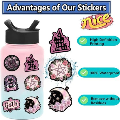50-Piece Pink Goth Witch Sticker - Pastel Gothic Stickers with Skulls, Crystals, Cats, Tarot Cards, Spooky Quotes - Waterproof Vinyl for Laptops, Scrapbooks, Water Bottles - color: Pink Goth