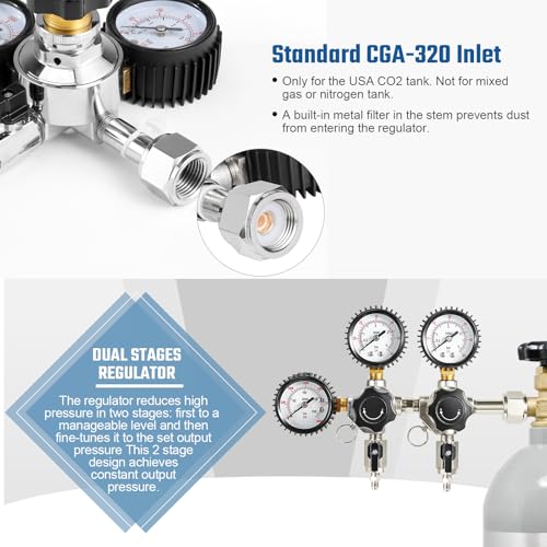 Dual CO2 Regulator for Kegerator CO2 Tank Regulator, CGA-320 CO2 Pressure Regulator with Threaded End Fittings, Two Output Gauges with Swivel Nut 1/4”& 5/16”Barb for Homebrew