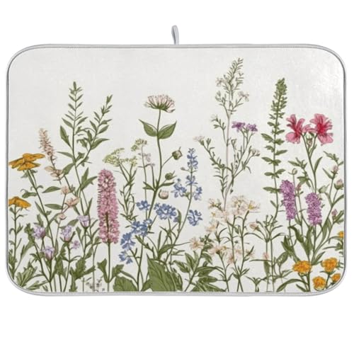 Kcldeci Flower Border Herbs Wild Flowers Plant Dish Drying Mat Kitchen Drying Pad Dish Draining Mat Dish Rack Drainer Pad 18 x 24 - color: Herbs, size: 18x24in