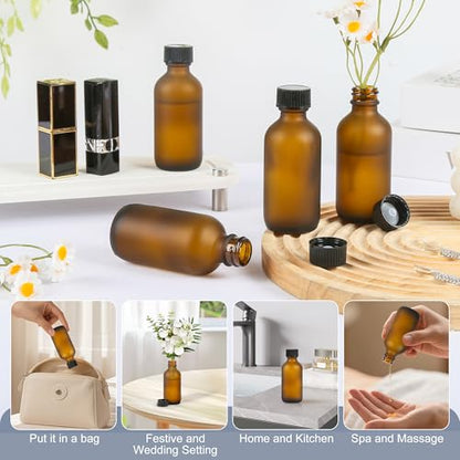 ZBCCCEOB 2 oz Small Glass Bottles with Lids, Boston Round Shot Bottles for Ginger Juice, Essential Oils - Leak Proof Mini Travel Containers(Amber Frosted, 24Pack) - color: Amber Frosted, size: 2oz 24