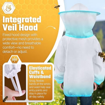 Flexzion Kids Beekeeping Suit Jacket with Veil Hood - Lightweight Sting-Proof Bee Suit for Kids Adults, Youth Pullover Bee Smock, Elastic Waist & Cuffs, White, Kid Medium - size: Kids Medium