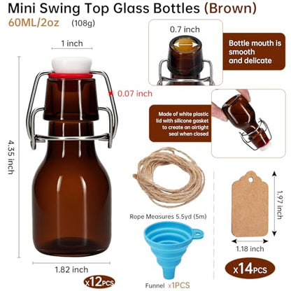 12Pcs 2 oz Amber Mini Swing Top Glass Bottles with Stoppers Small Flip Top Bottles with Airtight Lids for Crafts Decoration Wedding Themed Party Favors (12)