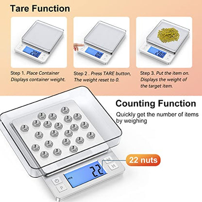 BOMATA Upgraded Small Food Scale, 0.1 g/0.001 oz High Precision, 3000 g/6.6 lb, with New Hold Function and Larger Display, USB Rechargeable, Digital Kitchen Scale for Small Item, Jewelry. Sliver - size: 0.1g/3kg Silver