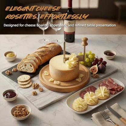 Cheese Curler Wheel with Stainless Steel Blade & Wood Base – Creates Cheese Curls from a Cheese Wheel, Also Suitable for Chocolate and Butter, for Home Kitchens, Dinner Parties