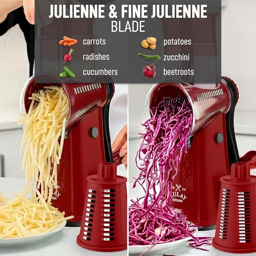 Zulay Kitchen Rotary Cheese Grater 5 Blade Cheese Shredder - Manual Hand Crank Cheese Grater With Reinforced Suction & 5 Interchangeable Drums - Easy to Use, Vegetable Chopper Round Mandoline Slicer - color: Maroon