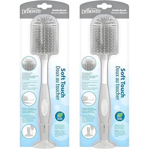 Dr. Brown's Soft Touch No Scratch Baby Bottle Cleaning Brush, Nipple Cleaner & Suction Cup Base for Easy Storage, BPA Free, Gray (Pack of 2) - style: 2 Pack, Gray