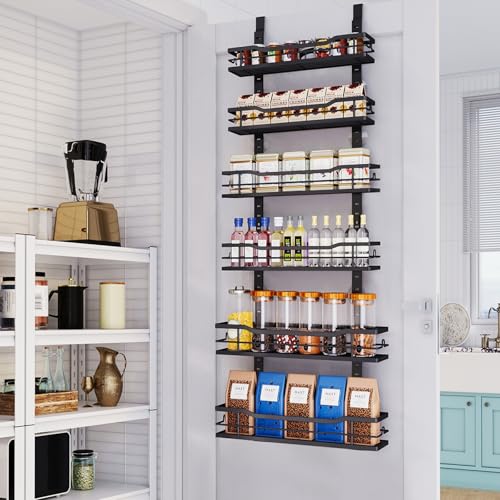 Eastherry Over The Door Pantry Organizer，6-Tier Over The Door Organizer with Adjustable Basket，Metal Hanging Pantry Organizers and Storage for Kitchen, Back of Door Seasoning Rack (Black) - color: Black, size: 6 Tier