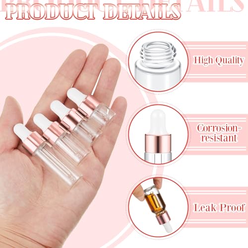 Didaey 100 Pcs 1/2/3/5/10/15 ml Mini Glass Oil Dropper Bottle Bulk, Clear Essential Small Empty Bottles Sample Containers Perfume Liquid Vials with Cap for Traveling (1ml,2ml,3ml,5ml,Rose Gold) - color: Rose Gold, size: 1ml, 2ml, 3ml, 5ml