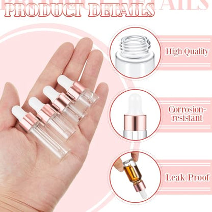 Didaey 100 Pcs 1/2/3/5/10/15 ml Mini Glass Oil Dropper Bottle Bulk, Clear Essential Small Empty Bottles Sample Containers Perfume Liquid Vials with Cap for Traveling (1ml,2ml,3ml,5ml,Rose Gold) - color: Rose Gold, size: 1ml, 2ml, 3ml, 5ml