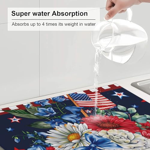 Red White and Stars Patriotic Microfiber Dish Drying Mat 18x24 Inch - Absorbent Non-Slip & Quick Dry Kitchen Counter Dish Drainer Pad, Rustic Farmhouse Style - color: Red White And Stars Patriotic