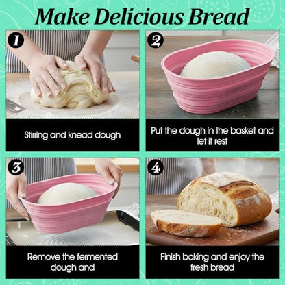 4 Pcs Silicone Bread Proofing Baskets, 10 Inch Oval Foldable Banneton Basket, Dough Proofing Bowls Containers Sourdough Baking Supplies with Non-Stick Surface