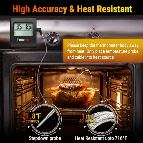 TempPro TP16 Large LCD Digital Meat Thermometer for Cooking, Smoking, Grilling, BBQ Food Temperature Indicator with Clock Timer and Stainless Steel Probe, Black(Previously ThermoPro) - color: Pure Black
