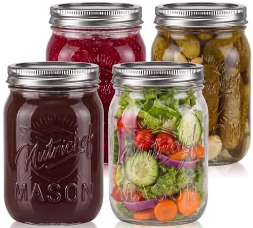 NutriChef 4-Pack 16 oz Mason Jars with Lids - Thick Glass Canning Jars with Stainless Steel Lids - Ideal for DIY Spices, Meal Prep, Overnight Oats, Jelly, Jam, Honey, Candles, Crafts, & More - style: 4 Pack