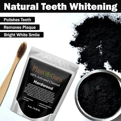 Plant Guru Activated Charcoal Powder 4 oz. HARDWOOD - Food Grade Kosher Non-GMO - Teeth Whitening, Facial Mask and Soap Making. Promotes Natural Detoxification and Helps Digestion