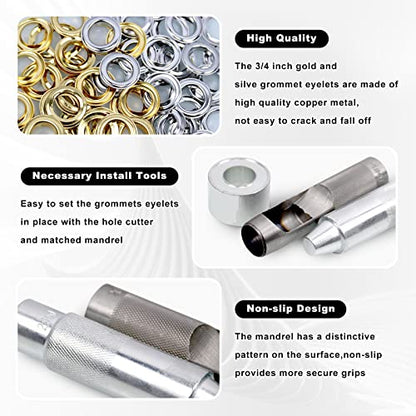 CNQLIS 50 Sets 3/4" Grommet Tool Kit, Grommet Setting Tool Copper Grommets Eyelets, 2 Colors,with 3 Pcs Install Tool